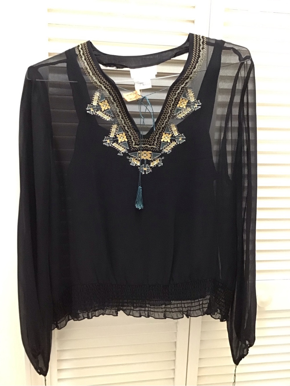 Black Sheer V-Neck Blouse with Gold & Teal Embroidery